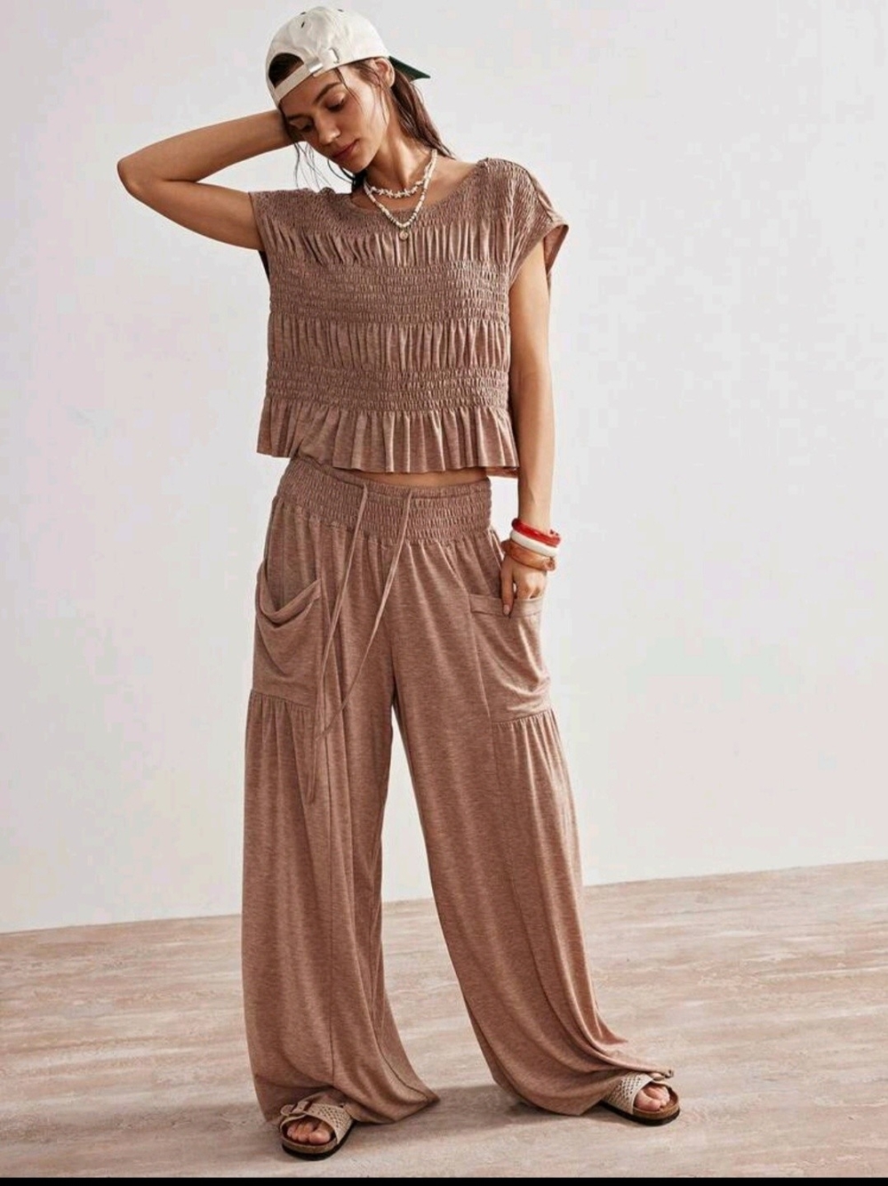 Smocked Waist Wide-Leg 2 Piece Set in Taupe